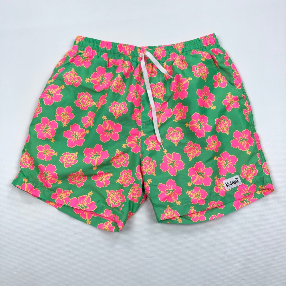 Kulani Kinis Mens Green Pink Hibiscus Floral Swim Trunks Board Shorts Medium